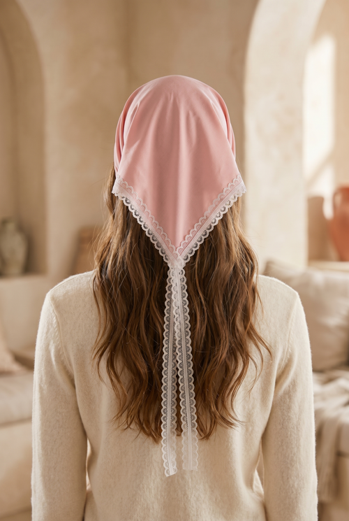 Dantel Detaylı Taç Şeklinde Bandana Pembe