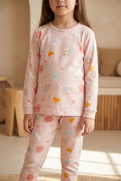 Unicorn Kutulu Kız Çocuk Pijama Takımı Pembe
