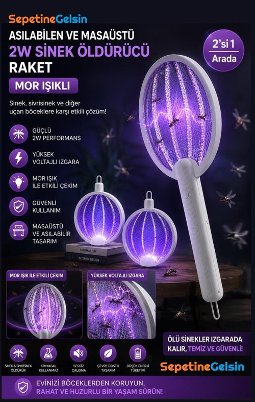 Asılabilen ve Masaüstü Olabilen 2W Sinek Öldürücü Mor Işıklı Raket