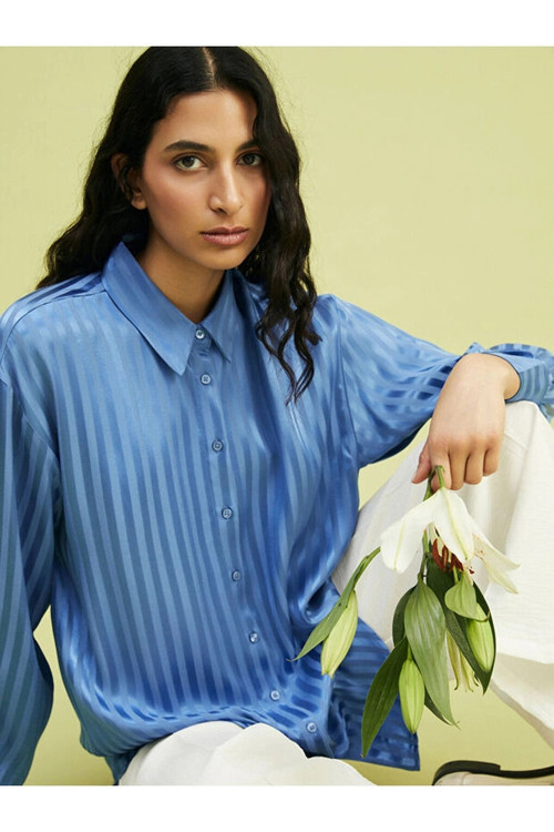 Kadın Modest Çizgili Oversize Saten Gömlek Tunik