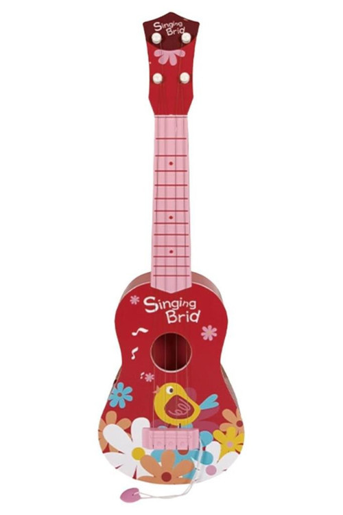 RKU-06RD Plastik Kırmızı Kuş Desenli Çocuk Oyuncak Ukulele