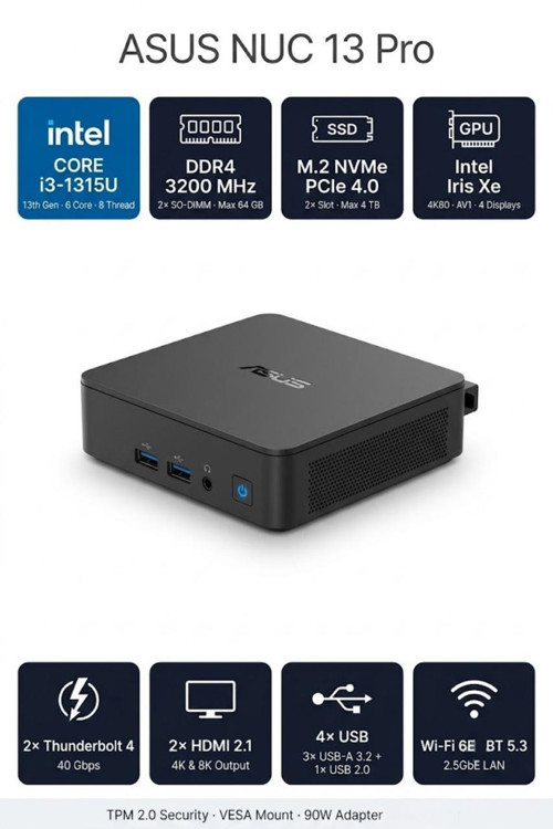 NUC13 PRO SLIM KIT BAREBONE i3-1315U 12GB RAM 256GB SSD FDOS MINI BİLGİSAYAR NUC13ANKI3 A9