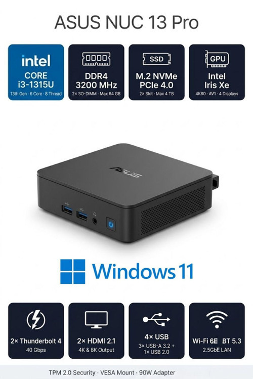 NUC13 PRO SLIM KIT BAREBONE i3-1315U 32GB RAM 2TB SSD WİN11PRO MINI BİLGİSAYAR NUC13ANKI3 A41