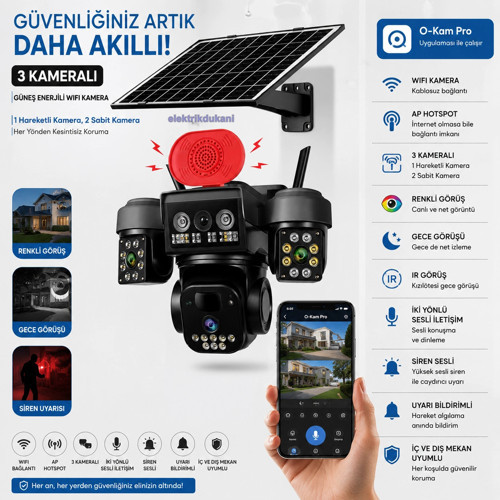 Solar Enerjili Wifi Bağlantılı 4 Kameralı (3 Sabit 1 Hareketli) Güvenlik Kamerası Gece Görüşlü