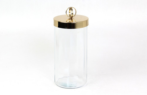 Halka Kulplu Optik Cam Büyük Boy Gold Kavanoz 13,5x13,5x30 cm – Dekoratif Saklama Kavanozu