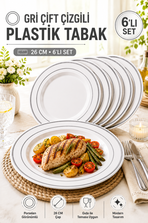 6'lı Set I Gri Çift Çizgili 26 CM Plastik Tabak Porselen Görünümlü Davet ve Misafir Sofraları
