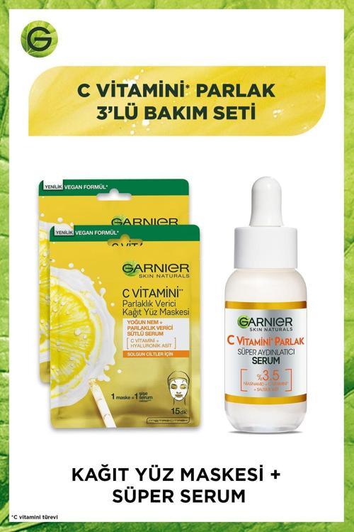 C Vitamini Parlak 3'Lü Bakım Seti Kağıt Yüz Maskesi + Süper Aydınlatıcı Serum