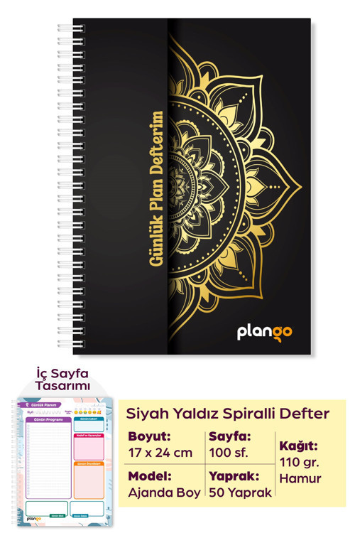 Siyah Yaldız Spiralli Günlük Planlama Defteri - 100 Sayfa - 17x24 Planlayıcı Defter