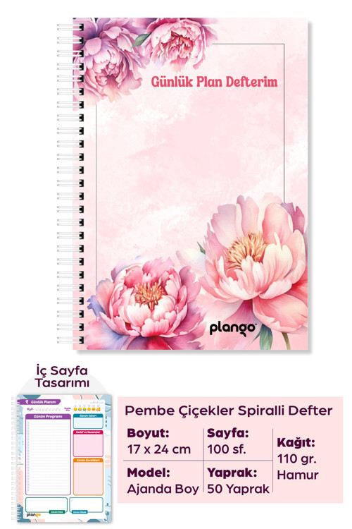 Pembe Çiçekler Spiralli Günlük Planlama Defteri - 100 Sayfa - 17x24 Planlayıcı Defter