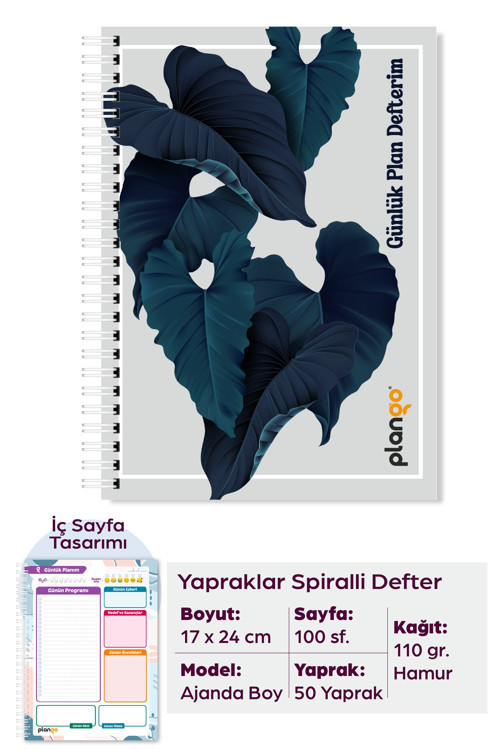 Yapraklar Spiralli Günlük Planlama Defteri - 100 Sayfa - 17x24 Planlayıcı Defter