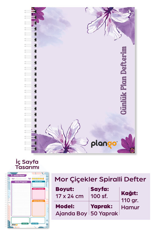 Mor Çiçekler Spiralli Günlük Planlama Defteri - 100 Sayfa - 17x24 Planlayıcı Defter
