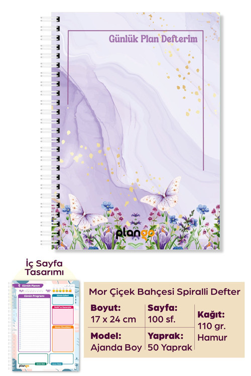 Mor Çiçek Bahçesi Spiralli Günlük Planlama Defteri - 100 Sayfa - 17x24 Planlayıcı Defter