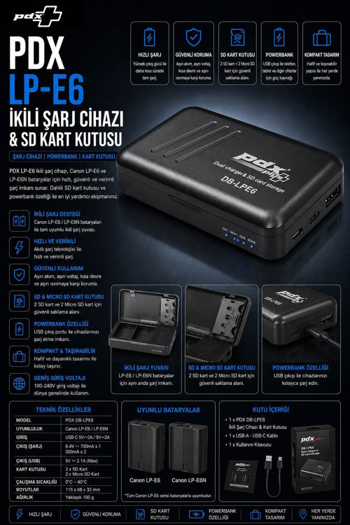 Canon LP-E6 İkili Şarj Cihazı ve SD Kart Kutusu | Powerbank