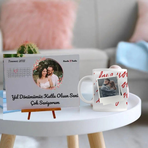 Kişiye Özel Fotoğraf Baskılı Romantik Hediye Seti - Anı Takvimi & Polaroid Kupa