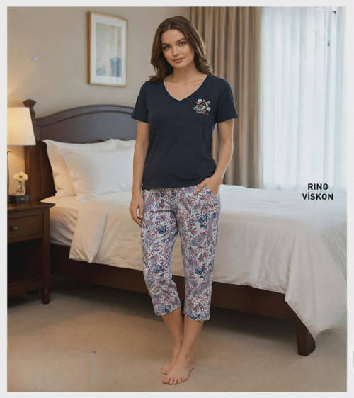 Kadın Viskon V Yaka Kısa Kol KAPRİ Likralı Pijama Takımı 40111L - 1 Adet