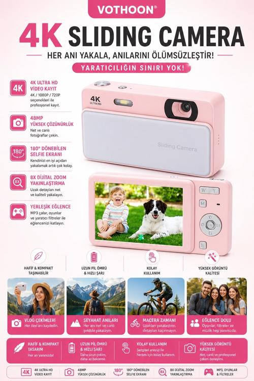 Dijital Kamera 4K Hd 48Mp 16X Zoom Flaşlı Kayar Video Kamera 2.8’’ Ekran 64Gb Sd Kart Hediyeli Pembe