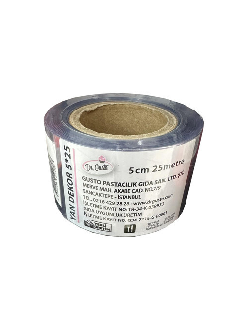 Şeffaf Kalın Pasta Kenar Dekor Film Jelatini - 5 Cm. x 25 Metre - Krema Tutucu - 1 Rulo