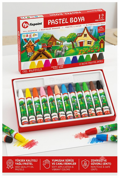 Pastel Boya 12 Renk 1 Paket Fixpoint Pastel Boya 12 li Karton Kutulu Parlak Canlı ve Örtücü Renkler