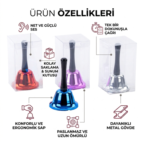 Parlak Renkli Metal Resepsiyon Çanı El Zili - Okul, Ofis, Masa Ve Etkinlik Çağrı Çanı 1 Adet