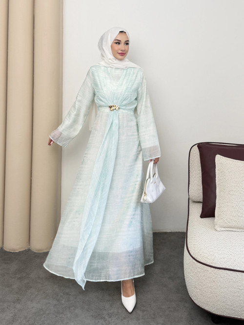 Silk Model Kemerli Bilek Büzgü Desen Detaylı Kadın Elbise