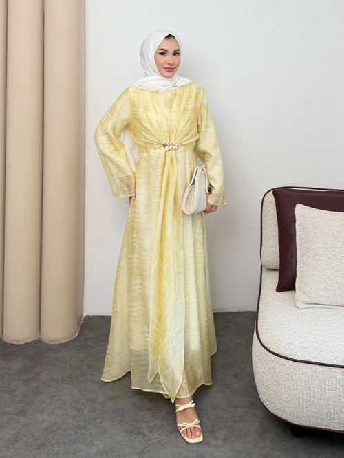 Silk Model Kemerli Bilek Büzgü Desen Detaylı Kadın Elbise
