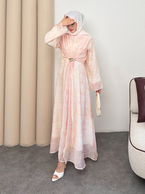 Silk Model Kemerli Bilek Büzgü Desen Detaylı Kadın Elbise