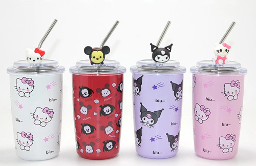 Sanrio Hello Kitty & Kuromi Figürlü Isı Muhafazalı Metal Pipetli Çelik Kupa