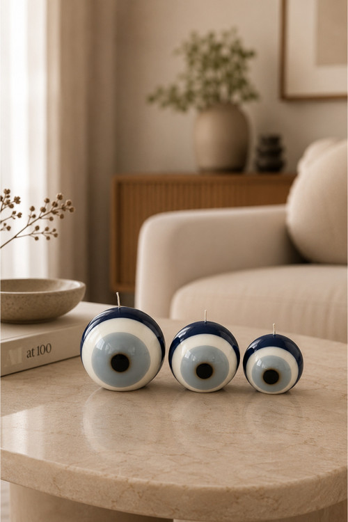 Nazar Boncuğu Tasarım Küre 3'Lü Mum Seti (11Cm, 8 Cm, 6 Cm Çap)