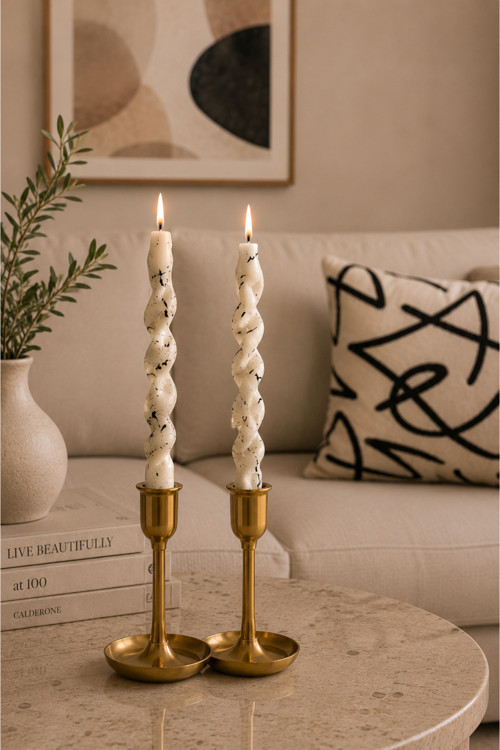 Premium Modern Burgu 2' Li Şamdan Mum Seti Bej 25 Cm