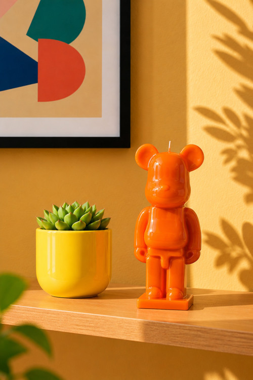 Pop Art Tasarım Mum Ayıcık Figür Turuncu 18 Cm