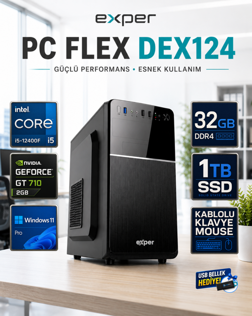 PC Flex DEX124 İntel Core i5-12400F 32 GB DDR4 1 TB SSD Nvidia Geforce GT710 2 GB Windows 11 Pro Masaüstü Bilgisay