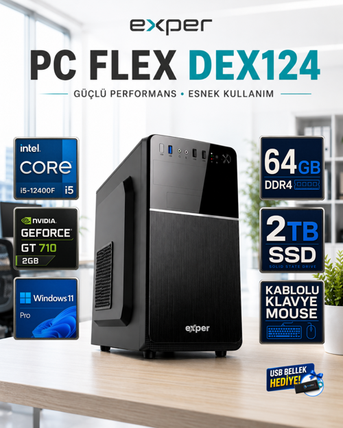 PC Flex DEX124 İntel Core i5-12400F 64 GB DDR4 2 TB SSD Nvidia Geforce GT710 2 GB Windows 11 Pro Masaüstü Bilgisay