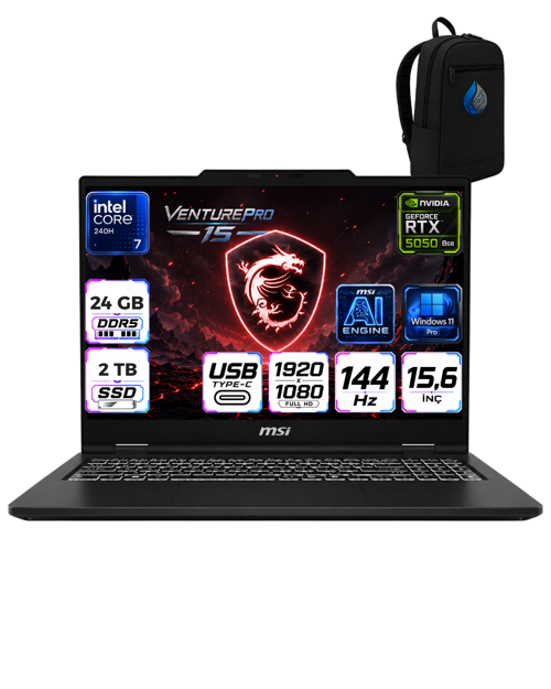 VenturePro 15 Intel Core 7 240H 24 GB DDR5 2 TB SSD 8GB/RTX5050 15.6" FHD 144HZ Windows 11 Pro Gaming Laptop Oyuncu
