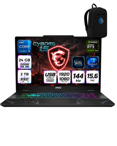 Cyborg 15 Intel Core I5-13420H 24 GB DDR5 2 TB SSD RTX5060 8GB Windows 11 Pro 15.6'' Fullhd (1920X1080) 144HZ IPS Ta