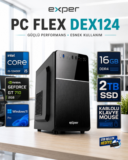 PC Flex DEX124 İntel Core i5-12400F 16 GB DDR4 2 TB SSD Nvidia Geforce GT710 2 GB Windows 11 Pro Masaüstü Bilgisay