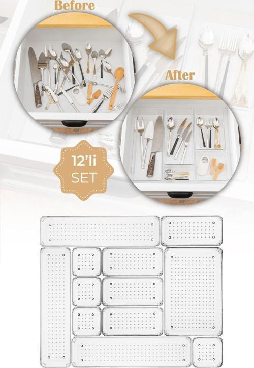 12'li Şeffaf Çekmece Içi Düzenleyici Organizer 3x(D.DKDRTGN) 4x(K.DKDRGN,K.KARE) 1x(O.DKDRGN)