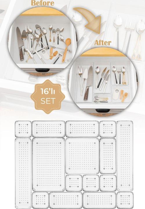 16lı Şeffaf Çekmece Içi Organizer 1x(O.DKDRTGN,B.KARE) 2x(D.DKDRTGN) 5x(K.DKDRGN)7x(K.KARE)