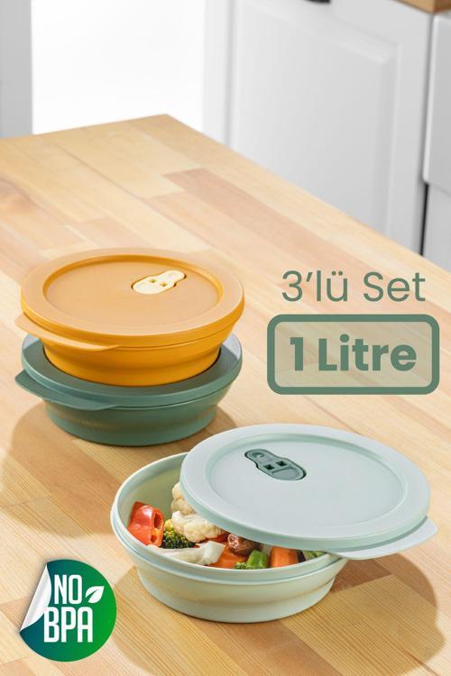 3lü 1 Litre Klips Kapaklı Saklama Kabı Seti Renkli
