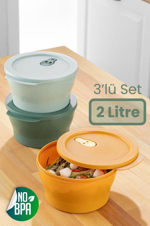 3lü 2 Litre Klips Kapaklı Saklama Kabı Seti Renkli