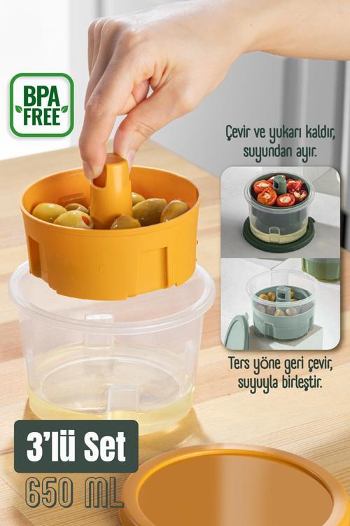 3lü Renkli Sunumluk Zeytin Turşu Peynir Çok Amaçlı Süzgeçli Saklama Kabı Seti
