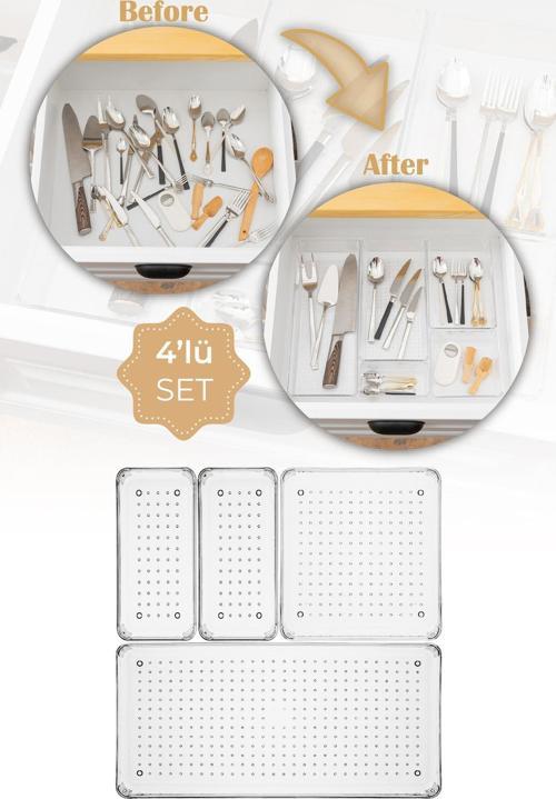 4lü Şeffaf Çekmece Içi Düzenleyici Organizer 1x(B.DKDRTGN, B.KARE) 2x(K.DKDRTGN)