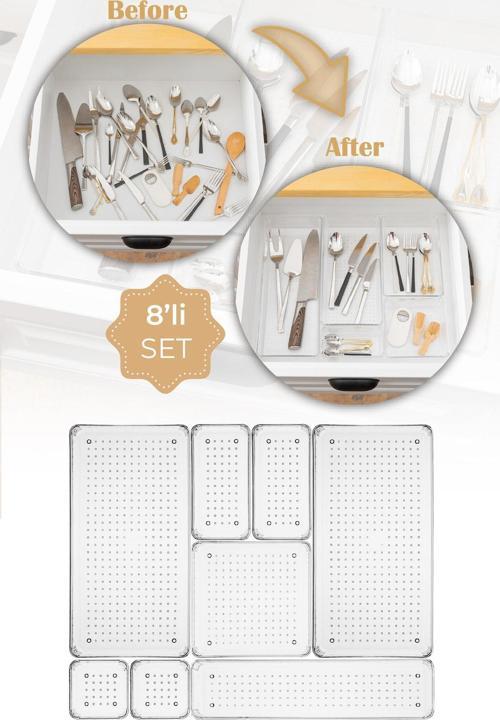 8li Şeffaf Çekmece İçi  Düzenleyici Organizer 2x( B.K. Dkdrtgn K.Kare) 1x(D.dkdrtgn B.Kare)