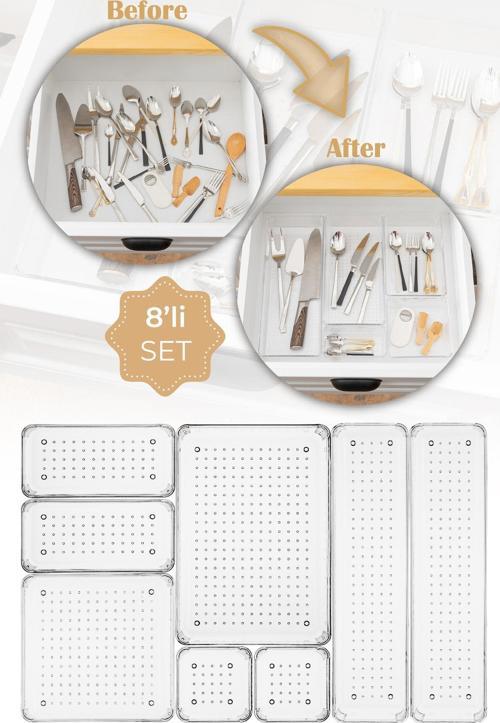 8li Şeffaf Çekmece İçi  Düzenleyici Organizer 2x(D.K.Dkdrtgn K.Kare) 1x(O.Dkdrtgn B.Kare)