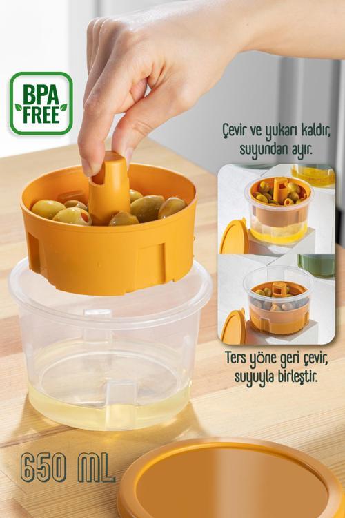 Sunumluk Zeytin Turşu Peynir Çok Amaçlı Süzgeçli Saklama Kabı Sarı