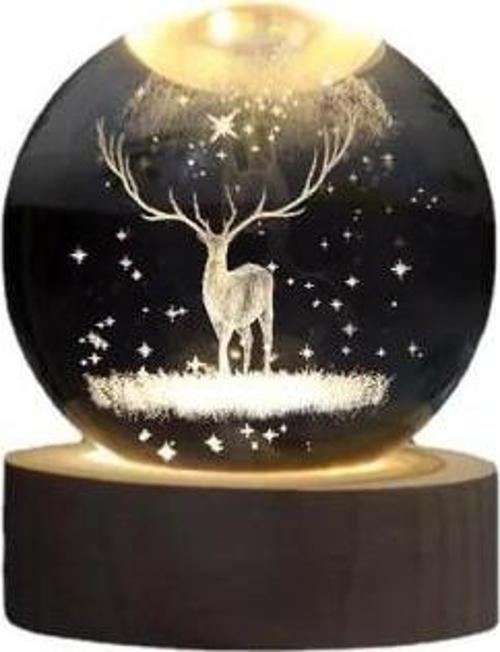 Dekoratif Geyik Tasarımlı Ahşap altlıklı Işıklı Cam Küre Büyük Boy Cam:8cm Ahşap:2cm