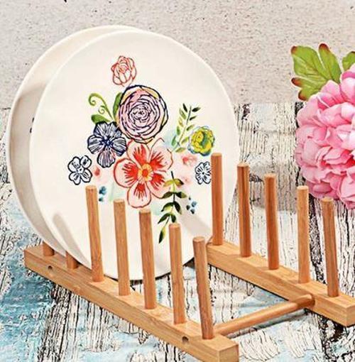 Dekoratif 6'lı Doğal Ahşap Tabak Koyma Standı Ahşap Tabaklık