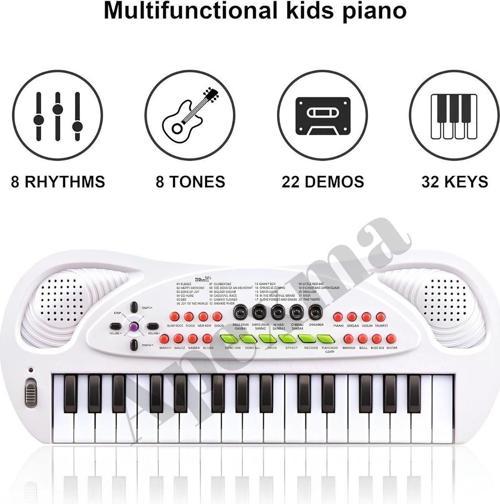 Oyuncak 32 Tuşlu Mikrofonlu Org Oyuncak Müzik Aletleri Mikrofonlu Piyano - Beyaz