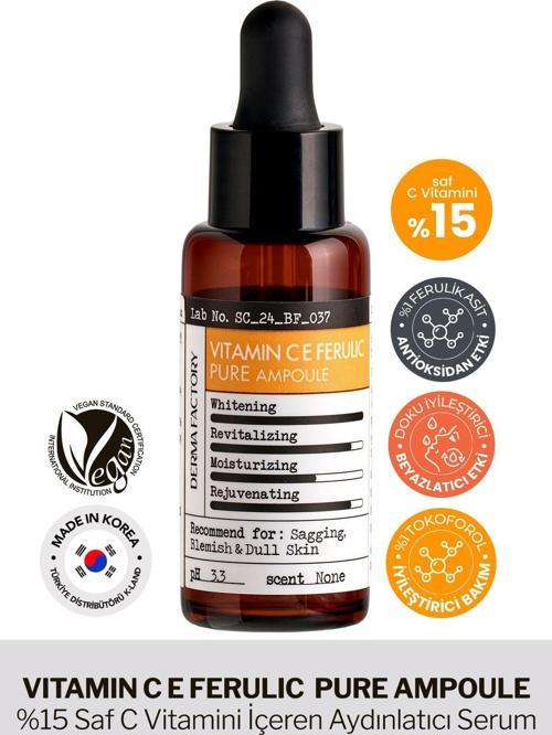 %15 Saf C Vitamini İçeren Aydınlatıcı Serum Derma Factory Pure Vitamin C E Ferulic Ampoule