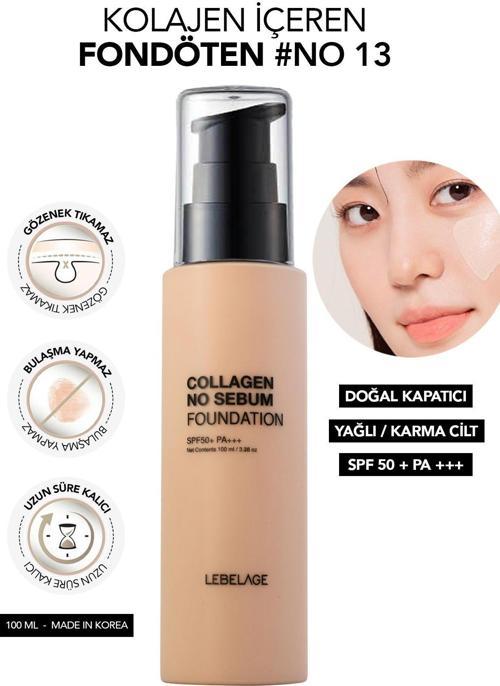 Yağlı ve Karma Ciltler İçin Fondöten SPF 50+ PA +++ LEBELAGE Collagen No Sebum Foundation no: 13