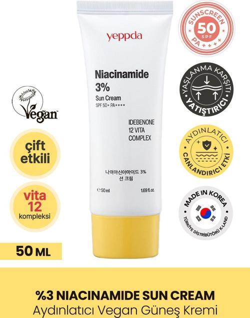 %3 Niacinamide İçeren Aydınlatıcı Vegan Güneş Kremi Yeppda Niacinamide Sun Cream SPF50+ PA++++ 50ml